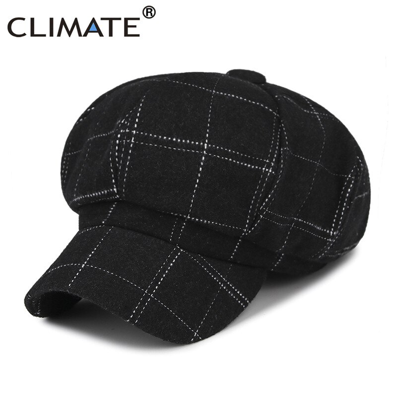 Klimat kvinnor åttakantig mössa keps vår tidningspojke baskerkeps kvinna rutig keps rutor yllehatt keps för tjejer kvinnor dam: Svart