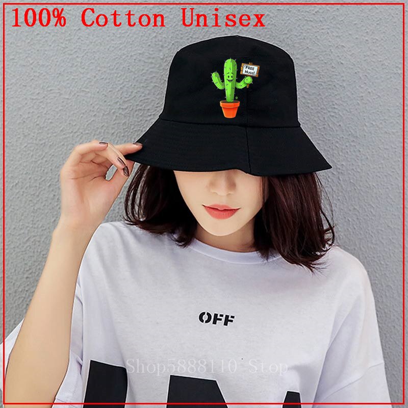 Chapeau Bob - Imprimé Cactus Free Hugs - Dessus Plat Décontracté - Coton Unisexe: Noir / Enfants