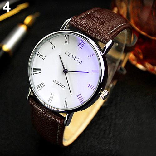 Männer Uhr Römischen Ziffern Blu-Strahl Faux Leder Band Quarz Analog Geschäft Armbanduhr: Braun Weiß