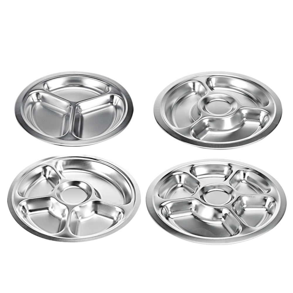 3/4/5/6 Section Stainless Steel Divided Dinner Tray Lunch Container Food Plate For School Canteen Stainless Steel Dinner Plate