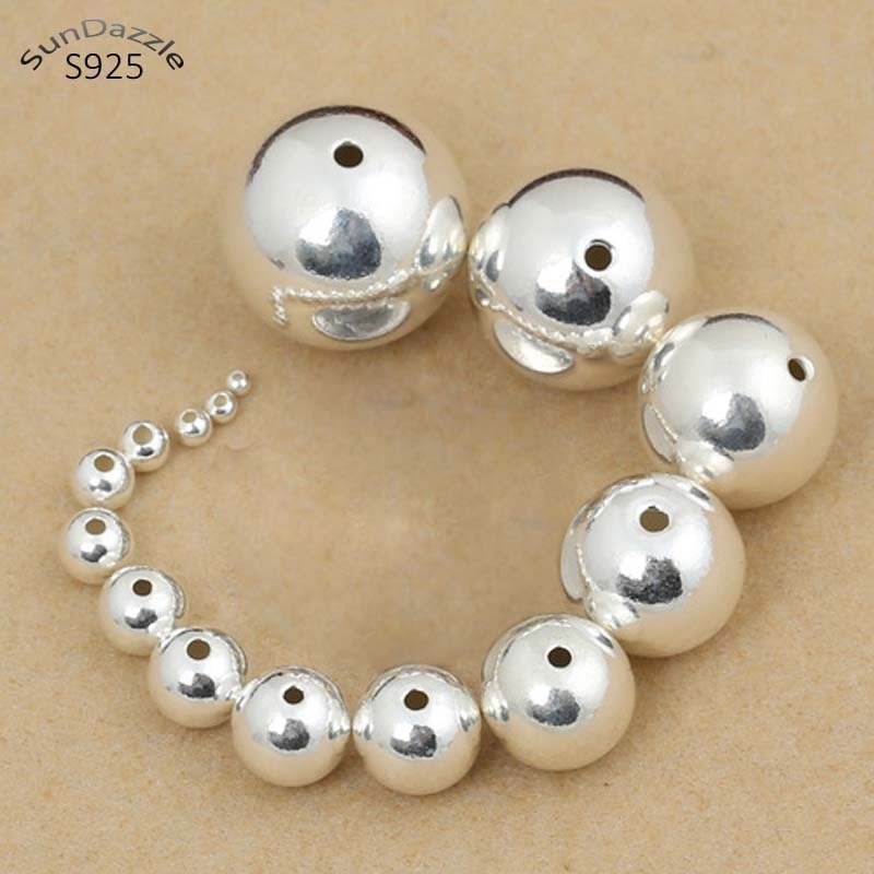 Kleine Loch Echt Reine Solide 925 Sterling Silber Perlen Spacer Round Glatte Lose Perle DIY Armband Halskette Schmuck Erkenntnisse