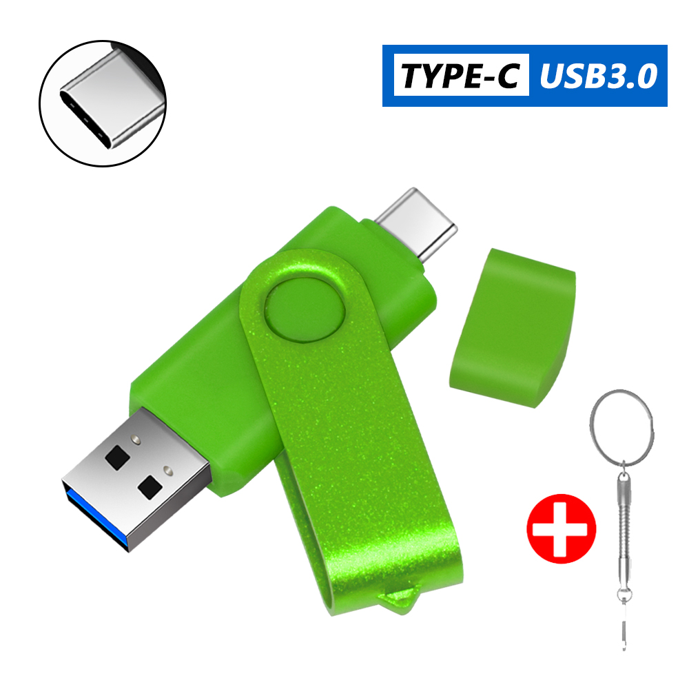 Type-C USB 3.0 High speed flash drive 2 IN 1 360° Rotate Freely Pen Drive 128GB/64GB/32GB/16GB Multi-format Compatible U Disk: green / 32 GB