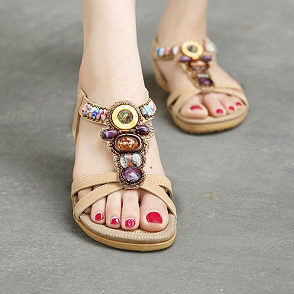 Vrouw Flats Sandalen Bohemian Flats Sandalen Vrouwelijke Kristal Strass Muilezels Slides Meisjes Sandalias Rasteirinha Wiggen Sandaal