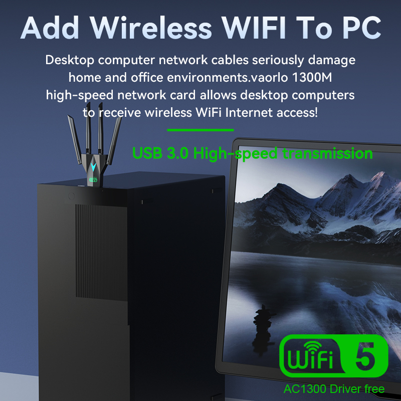 VAORLO 1300Mbps WiFi USB Adapter Dual Band 2.4G/5Ghz Wi-Fi Dongle 802.11AC Powerful Antenna Wireless Receiver For PC/Laptop