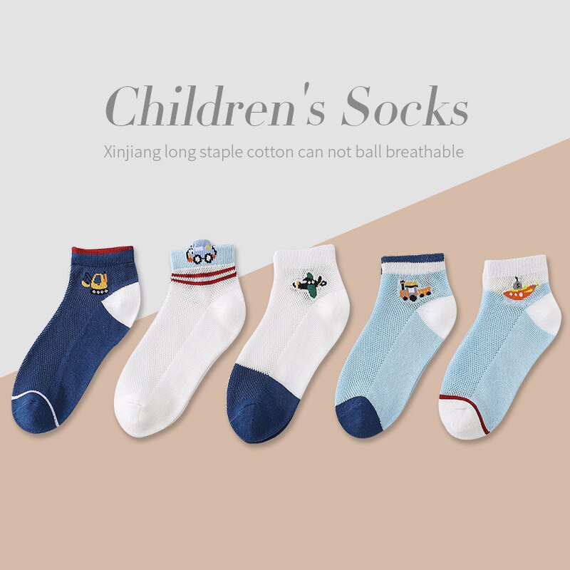 Wecute 5 Pairs Baby Sokken Set Zomer Mesh Ademende Sokken Zachte Comfortabele Cartoon Print Voor 1-9years Jongens Meisjes: A / L for 7-9Y