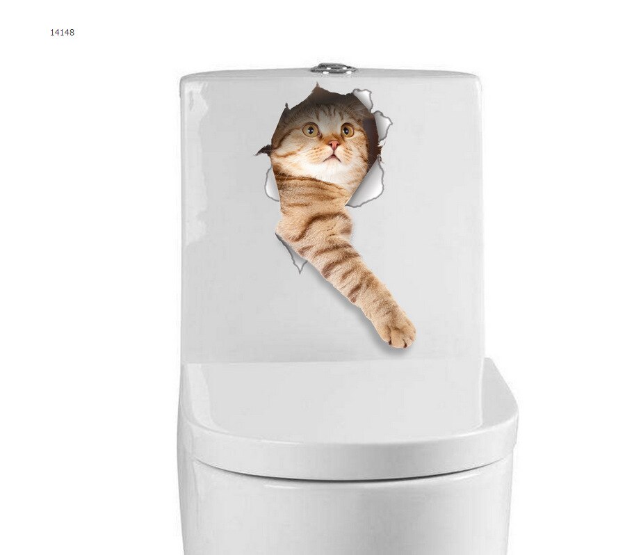Katte 3d væg klistermærker toilet klistermærker hul visning levende hunde badeværelse til boligindretning dyr vinyl klistermærker kunst klistermærke plakat: E