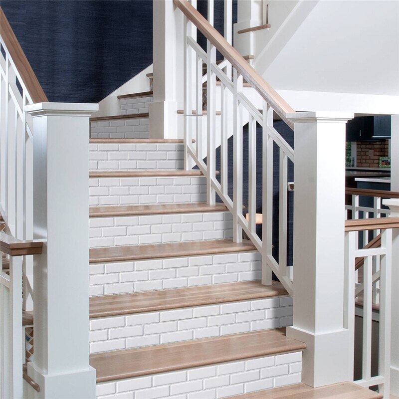 Juego de azulejos 3D con de ladrillo blanco, pegatinas de escalera impermeables, papel tapiz extraíble para escalera, 6 unids/set