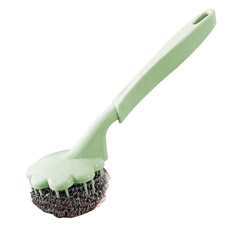 Long Handle Kitchen cleaning and lengthening handle brush pan handle stainless steel wire ball Kitchen cleaning utensils: Green