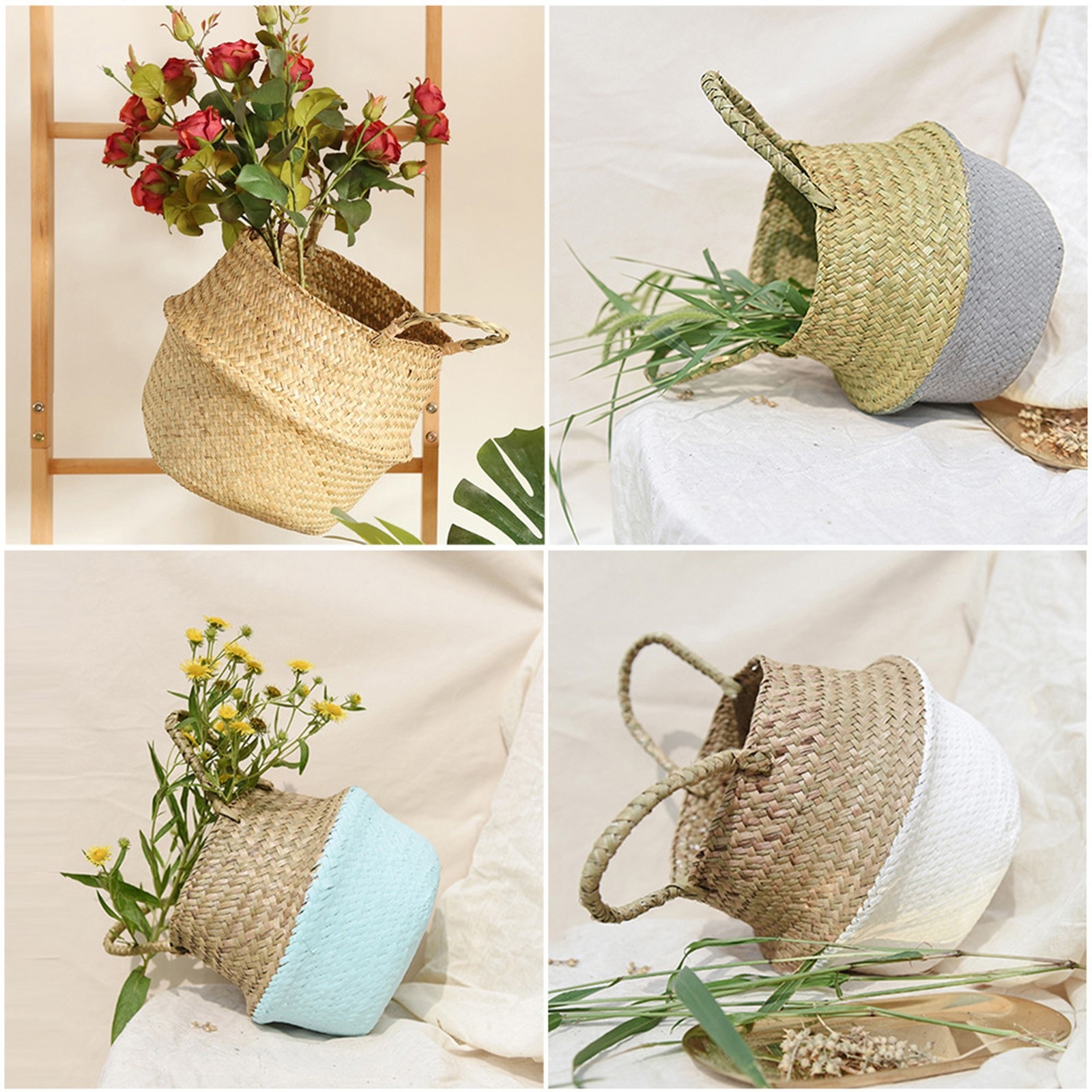 Handmade Seagrass Wicker Basket Plant Fiber Fabric Baskets Woven Basket Folding Basket Storage For Potted Plants Baskets #4