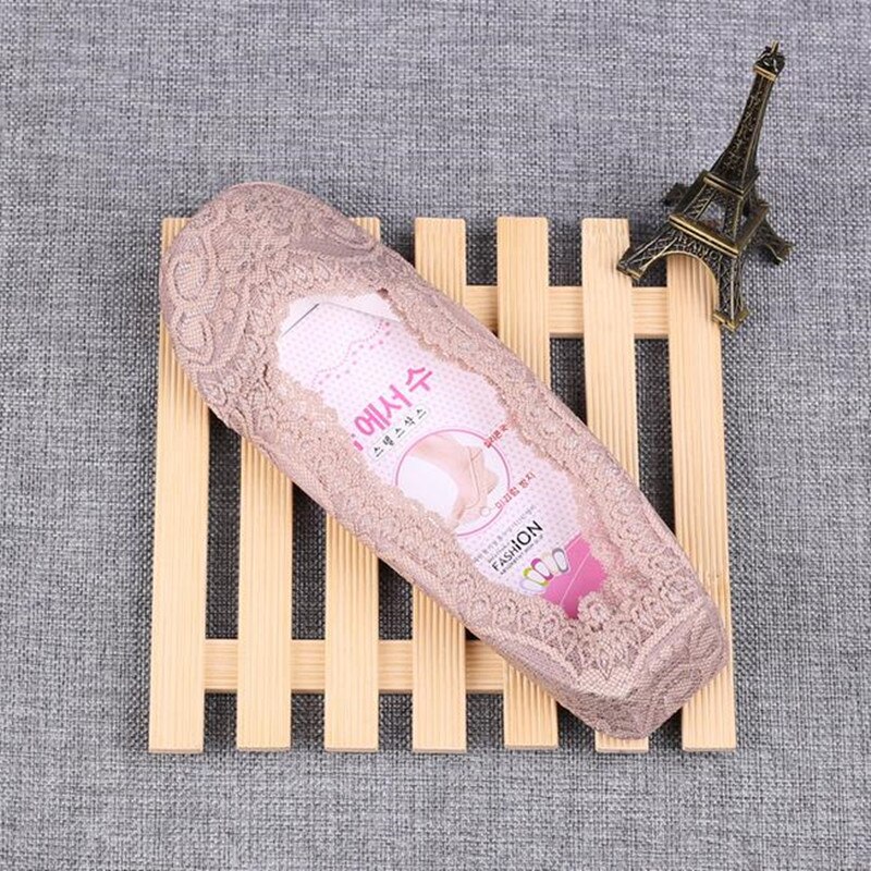 Calcetines invisibles de encaje para mujer, medias de silicona antideslizantes de 360 grados, 10 par/lote: Beige