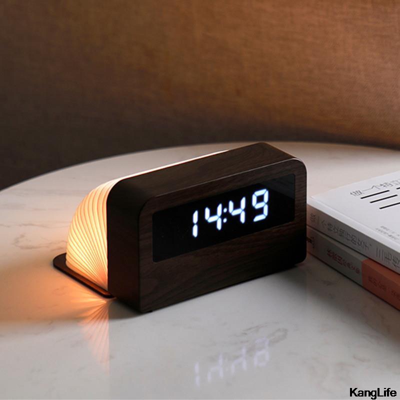 Houten Klok Tijd Licht Desktop Flip Folding Led Book Light Slaapkamer Nachtkastje Usb Opladen Kleurrijke Nachtlampje Homedecorations