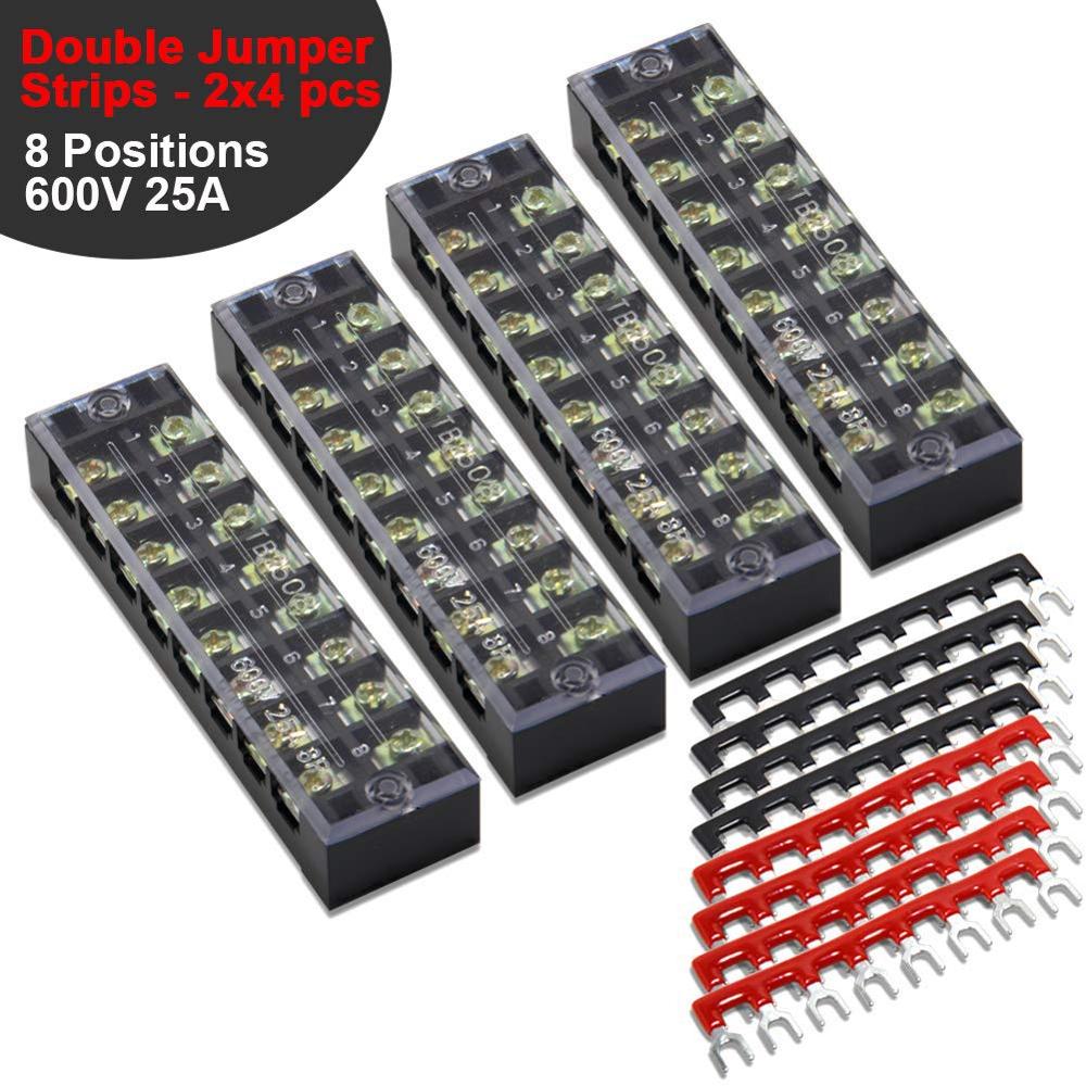 Terminal Block 8 Positions 600V 25A Dual Row Screw Terminals Strip Cover 400V 25A Pre-Insulated Terminal Barrier Jumper Strips: 25A 8P 8pcs Jumpers