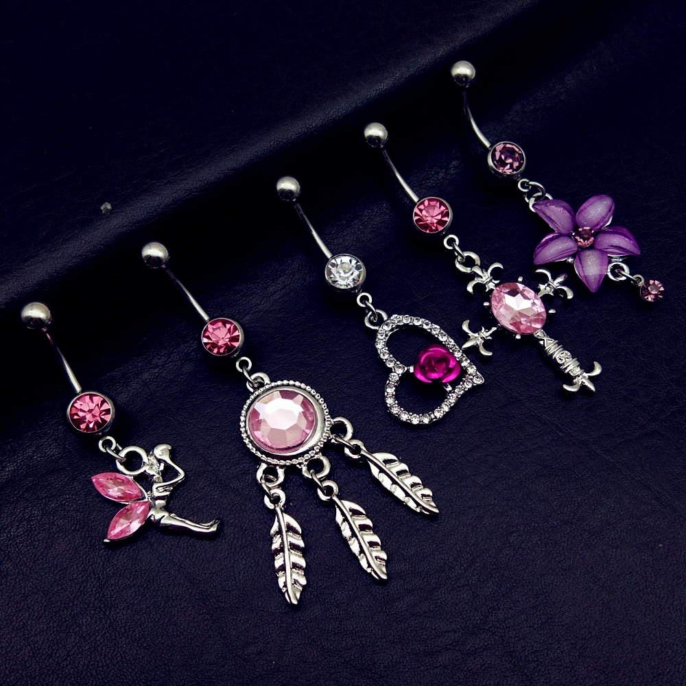 5 uds mezcla de estilo Rosa Ángel atrapasueños Cruz Rosa flor cuelga ombligo barra botón anillos cuerpo piercing joyería