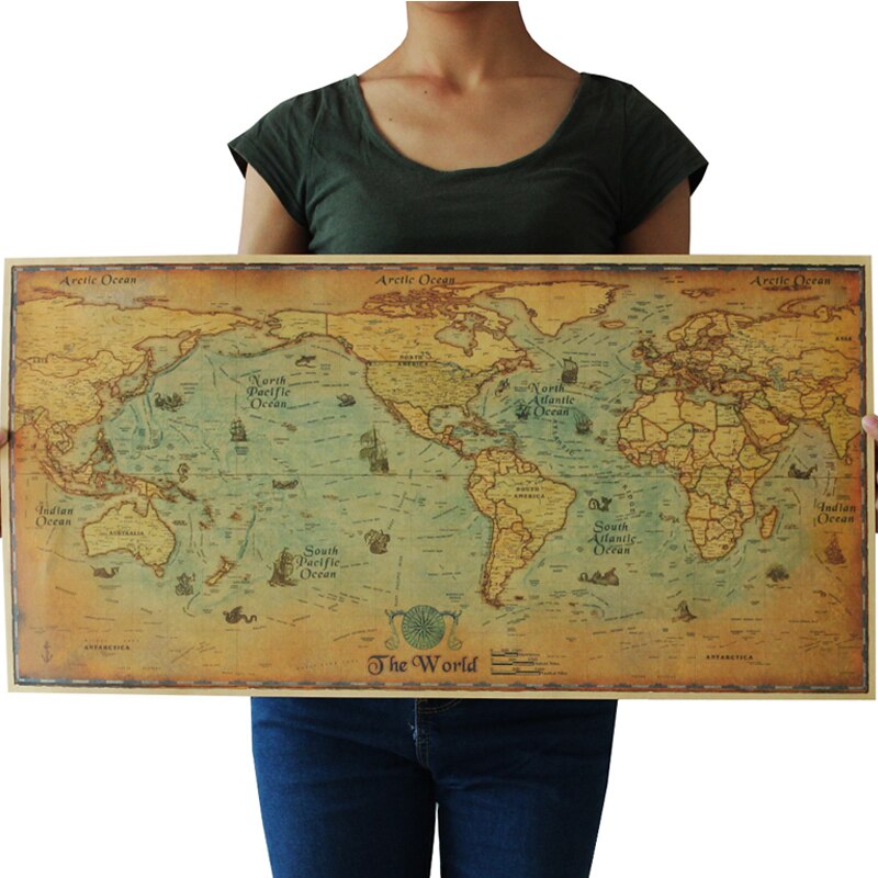 E04 Klassieke Retro Kraft-Papier Zeilen Voyage World Map voor School en Kantoor 70.5x35.5 cm