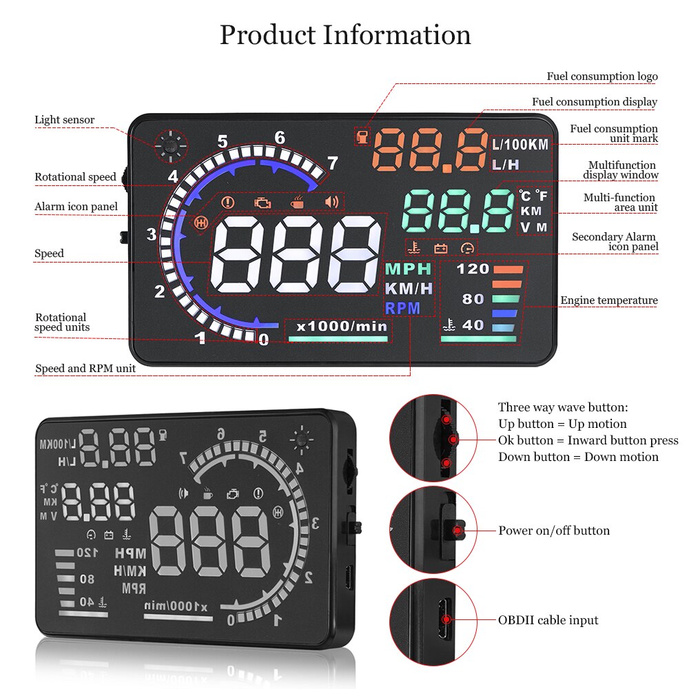 HUD Car Head Up Display 5.5 inch LED Windscreen Projector Diagnostic Tool OBD2 OBD Scanner Speed Fuel Warning Alarm Data