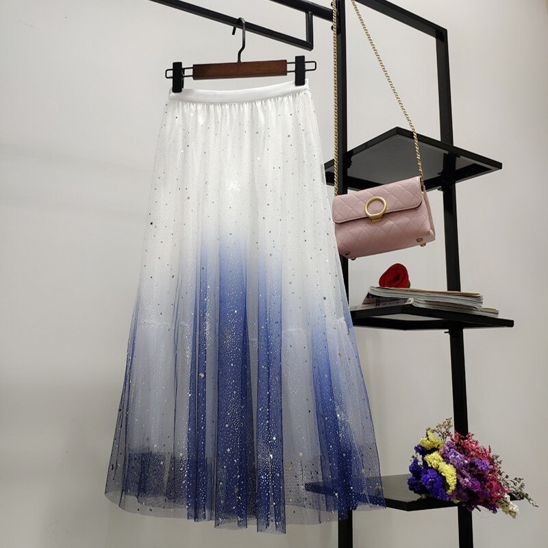 Falda de tul de Color degradado para mujer, falda larga plisada de cintura alta, línea A, falda rosa de tutú,: White on blue
