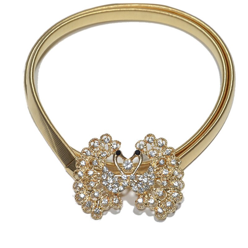 Womens Elastic Metal Waist Belts Women Silver Gold Chain Belts Female Heart Buckle Belts For Ladies Dresses: Peacockgold