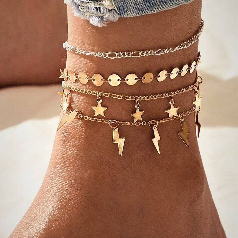 Bohemian Gold Kleur Ster Enkelbanden Voor Vrouw Vintage Handgemaakte Kwastje Kralen Enkelband Enkelband Been Voet Armband Strand Sieraden: TS5489