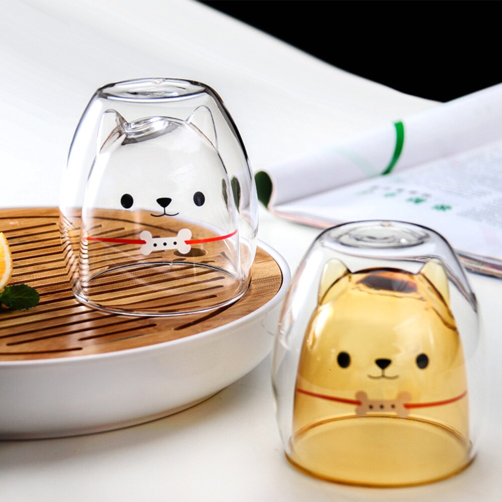 3D 2-Tier Double Wall Glass Cup Coffee Mug Panda Shiba Inu Water Bottle Heat-Resistant Tea Cup Milk Lemon Juice Cup Drinkware