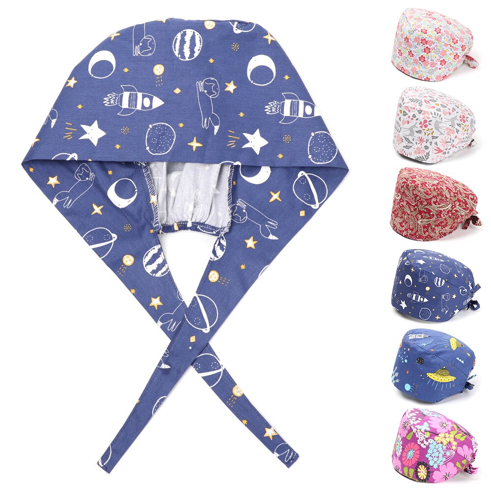 1PC Cotton Scrub Cap Adjustable Elastic Printing Hat Bouffant Head Cover Kitchen Hat With Sweatband Hair Accessories for Unisex
