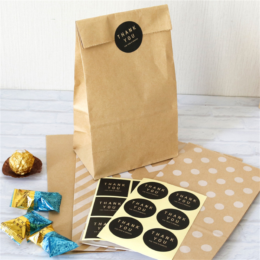 5 Sets Polka Dot Stripe Blank Kraft Paper Bags Candy Bag Wedding Birthday Party DIY Packaging Bags With Thank You Sticker