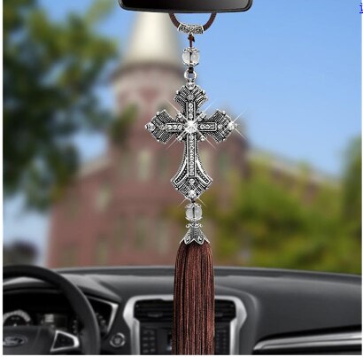 Pendentif de voiture en diamant en métal et cristal, croix de jésus, chrétien, rétroviseur, accessoires de style, décoration automobile: Default Title