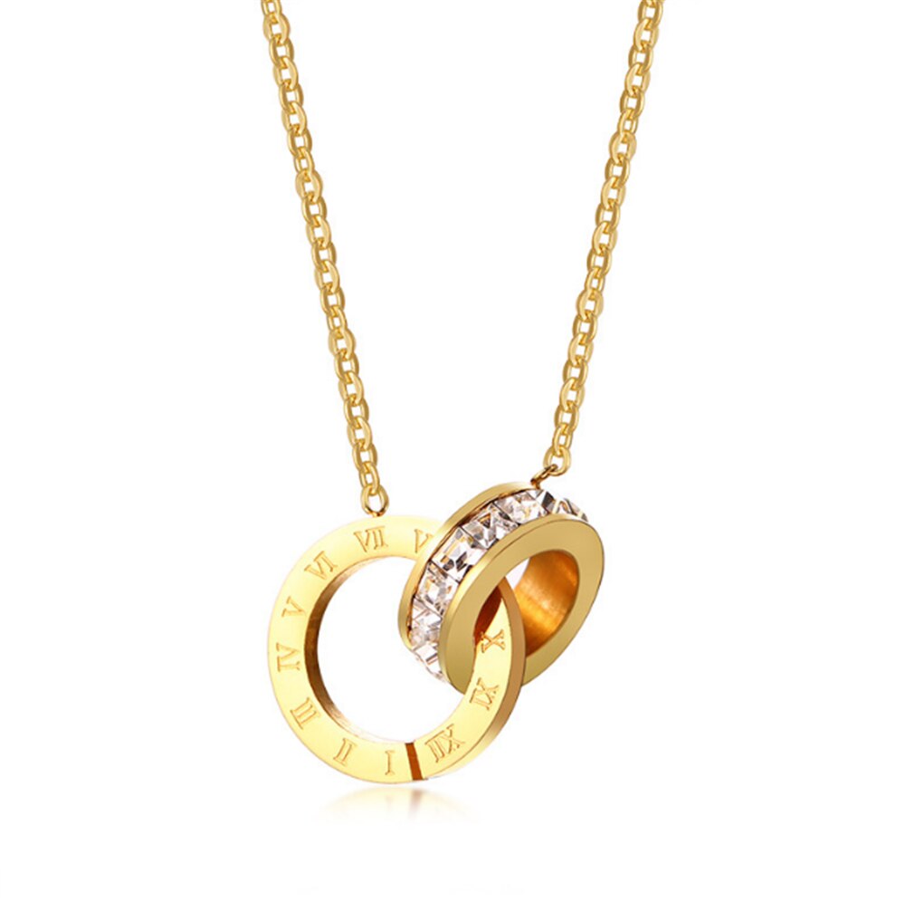 316L Rvs Romeinse Ingelegde Kristallen Lucky Ketting Oorbellen Armband Set Dubbele Ring Ingelegd Zirkoon Sieraden Set: Necklace