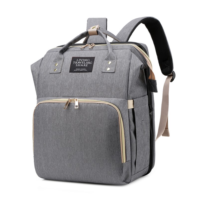 Diaper Bag Multifunctional Mom Baby Folding Bed Rucksack Mom Dads USB Backpack Nursing Handbag Stroller Traveling Knapsack: Dark Grey