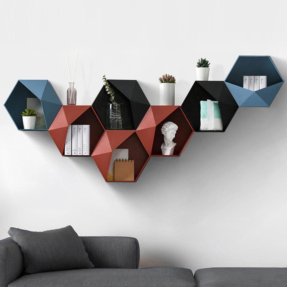 Nordique salon mural géométrique sans poinçon décoration murale salle de bain étagère salon décoration hexagone étagère de rangement