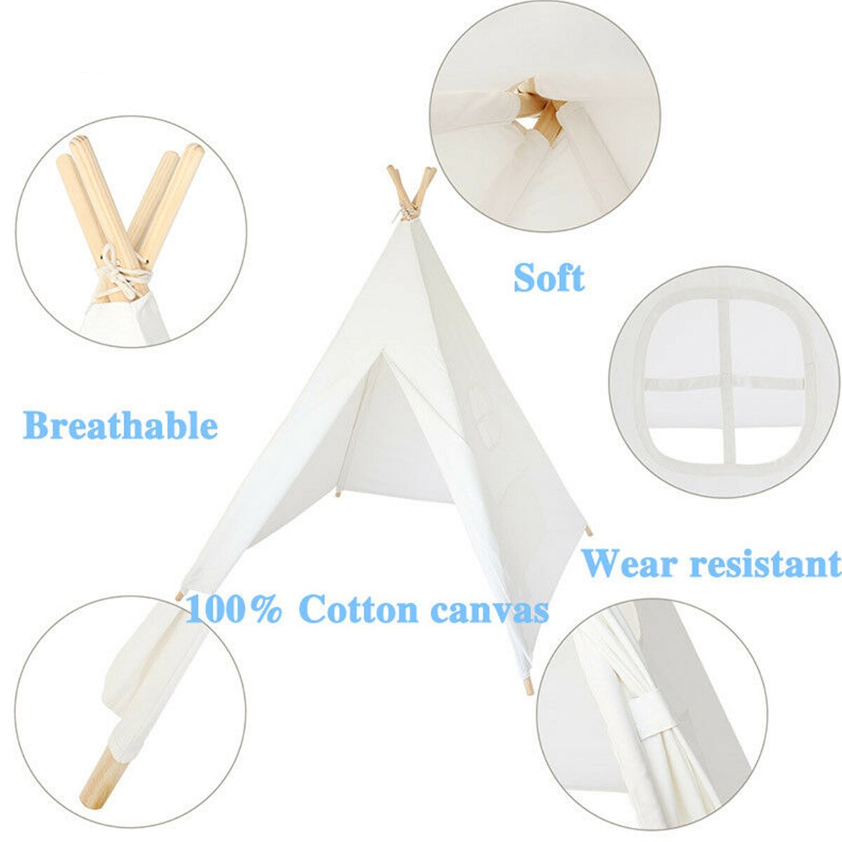 1.3m-Large Canvas Teepee Tent Kids Teepee Tipi with Grey Pom Poms Indian Play Tent House Children Tipi Tee Pee Tent NO MAT