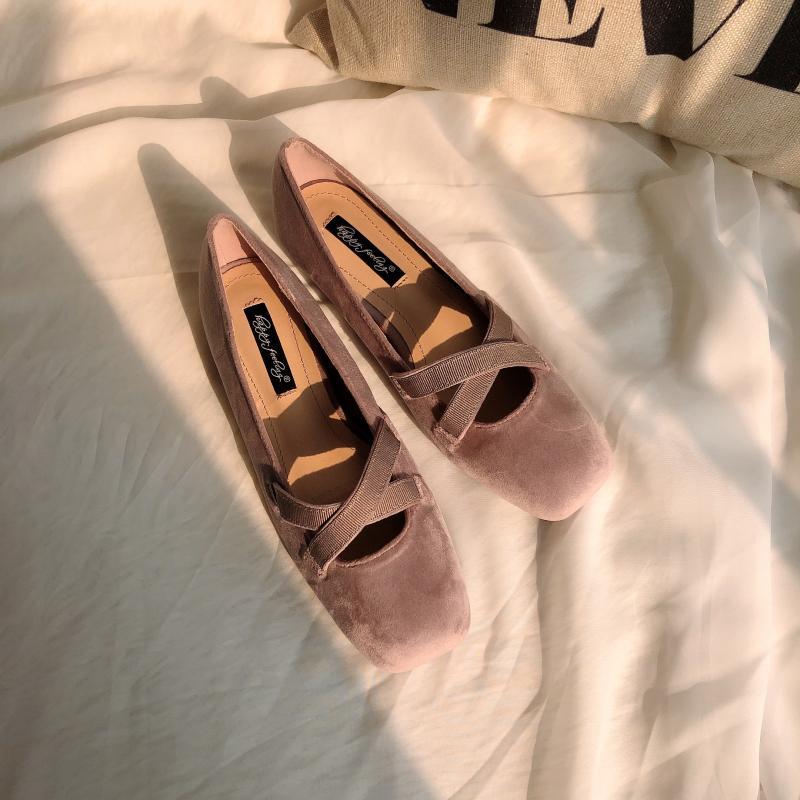 Piger pearl velvet flats nøgen pink balletsko solide elastiske krydsbånd loafers firkantet tå ballerina mokkasiner femme