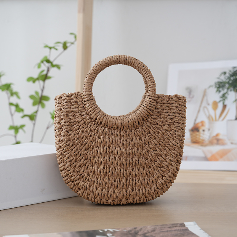 Nuevos bolsos de paja de luna a la , bolso de playa de verano para mujer, bolso de mimbre hecho a mano, bolso tejido Vintage para mujer, bolsa para mujer: Gris claro