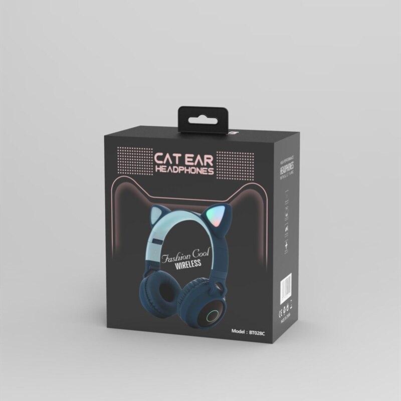 LED Cat Ear Noise Cancelling Headphones Bluetooth 5.0 Young People Kids Headset Support TF Card 3.5mm Plug With Mic: Blue with retail box