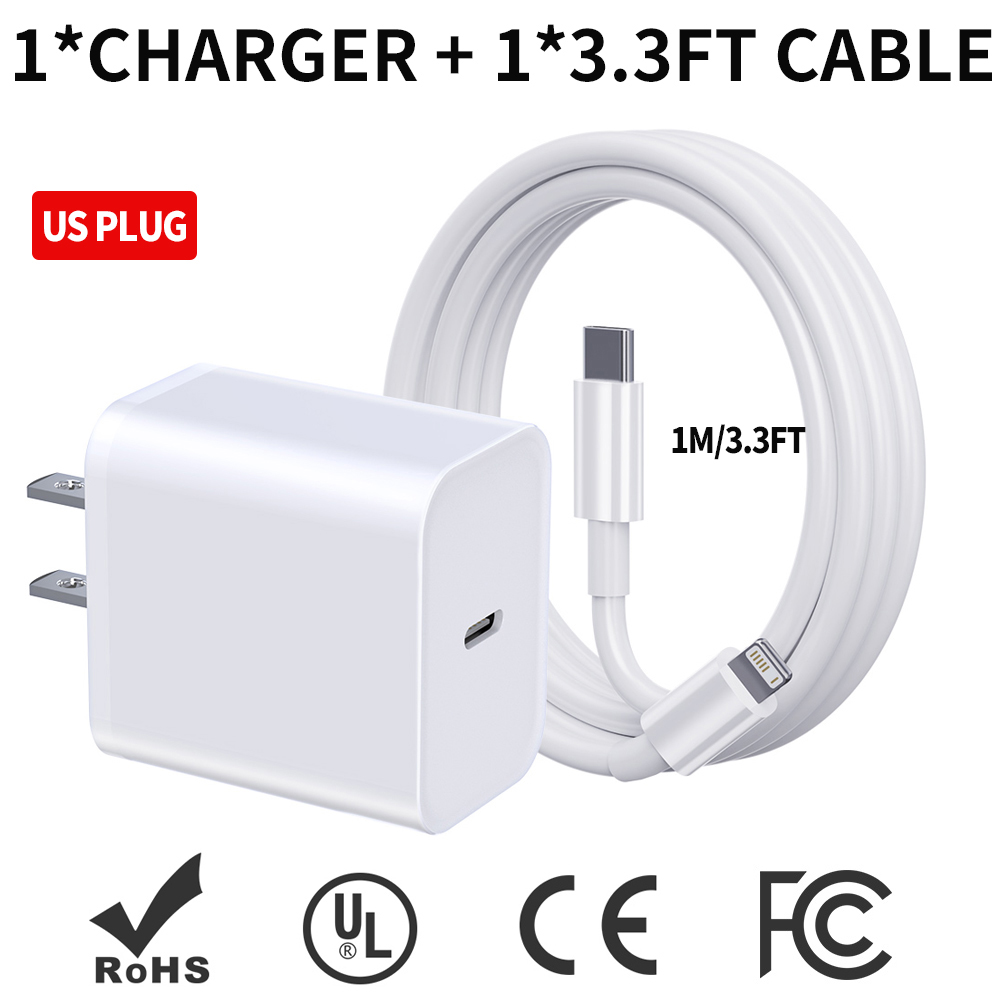 Cargador estadounidense de carga rápida PD20W con certificación MFI con Cable USB Lightning para iPhone 14 13 12 11 X XR XS Pro Max iPad cargador USB C: US