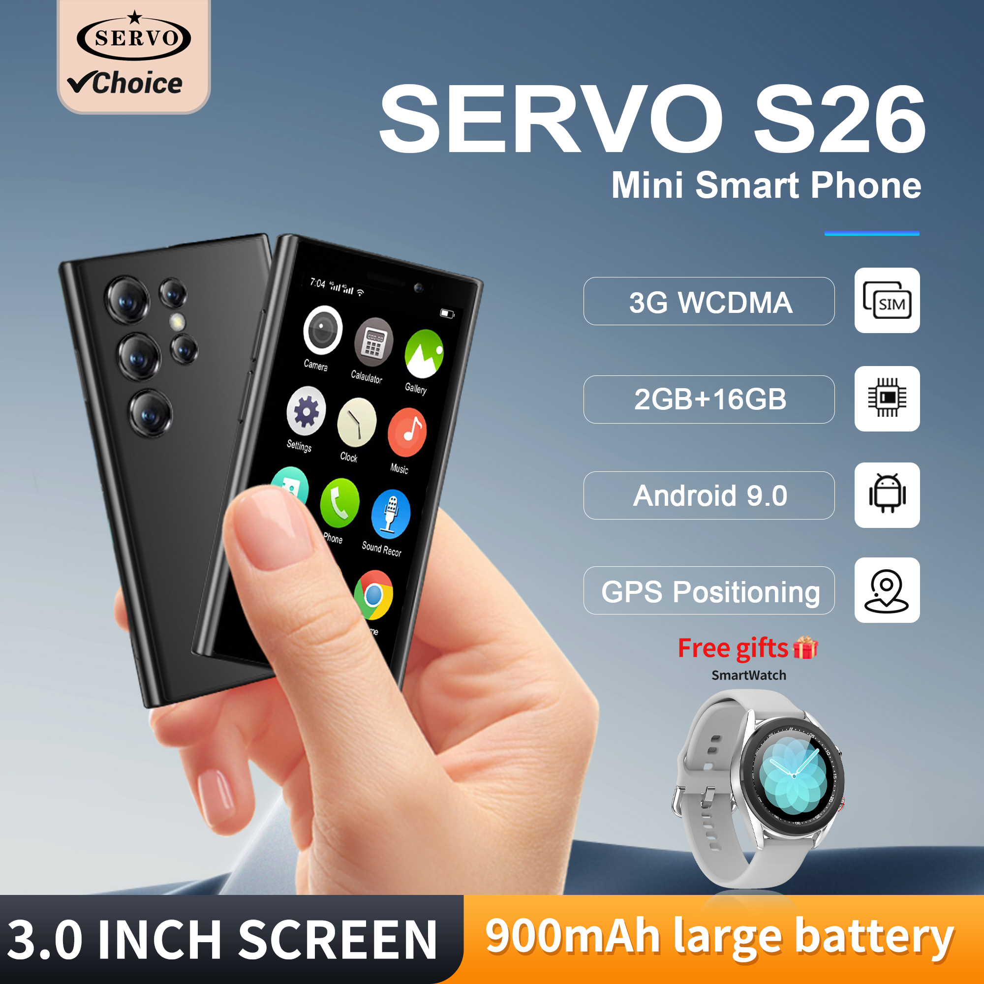 SERVO S26 Mini-Taschen-Smartphone 2 GB + 16 GB 3G WCDMA Android 9.0 System WIFI Hotspot Gesicht Freischalten Dual SIM klein Palme Smartphones