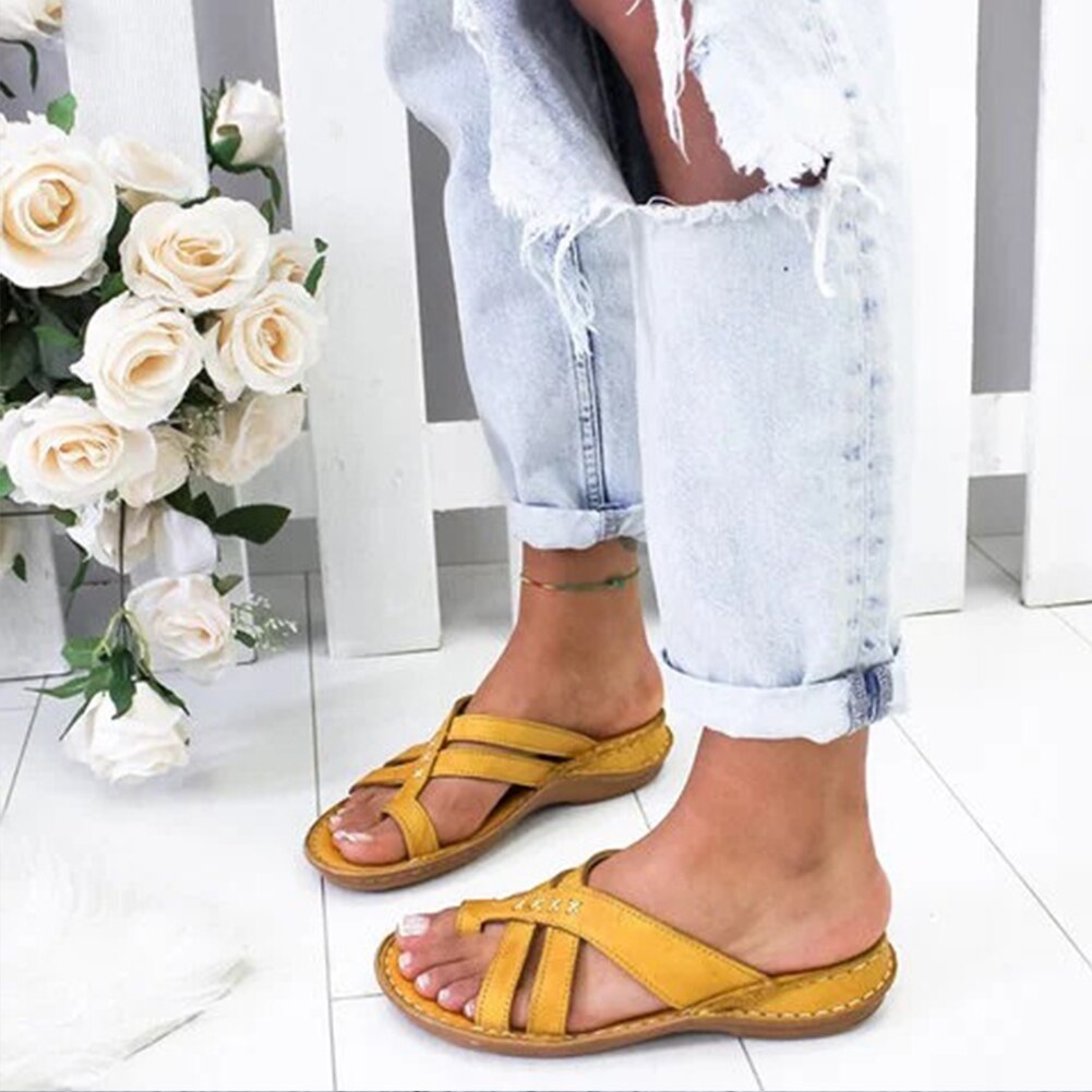 Damen Reise Frauen Sandalen drinnen draussen Schuhe Fuß Korrektur lässig Sommer Strand Offene spitze Flache Ferse PU Leder Weiche Nicht Unterhose