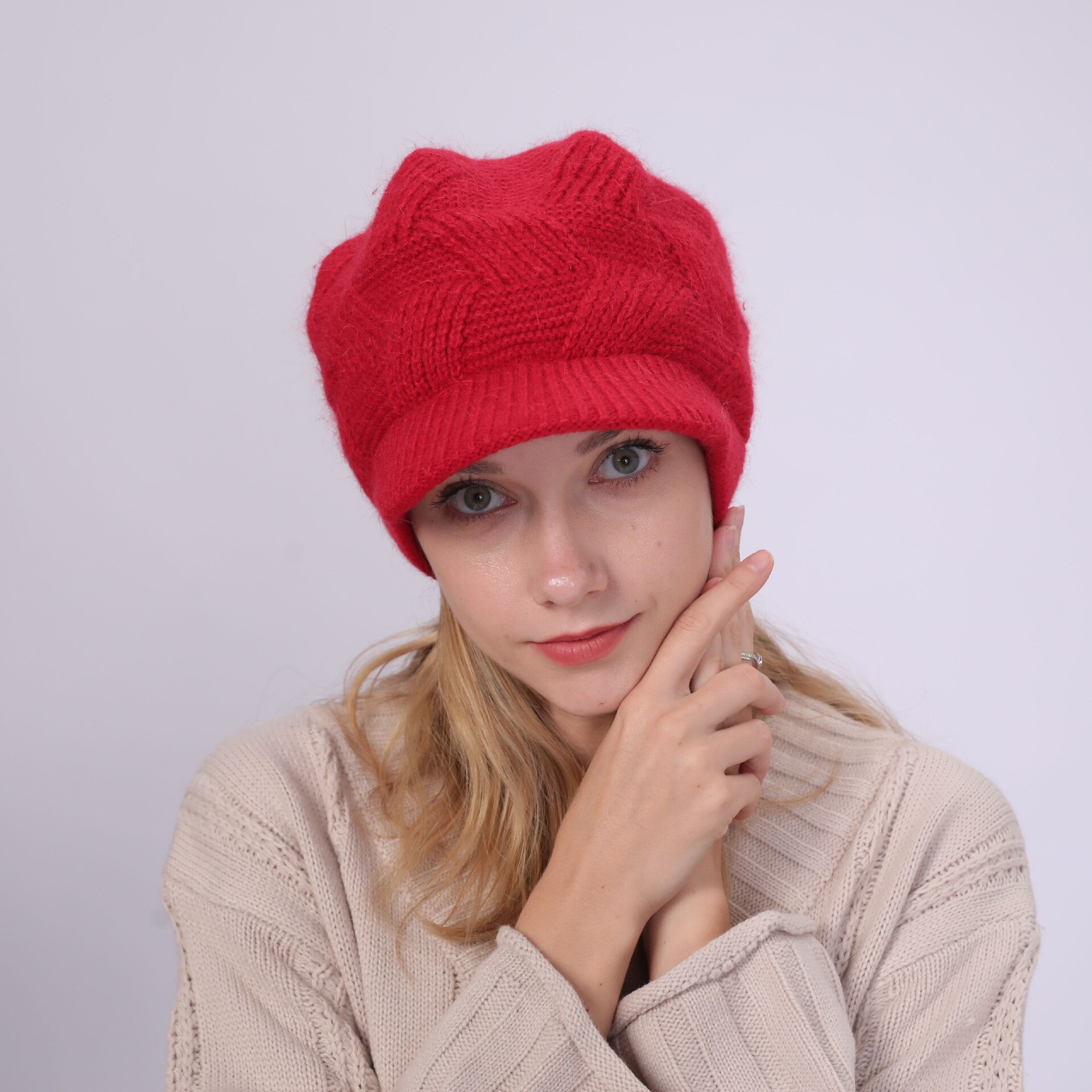 Women Winter Warmer Solid Color Crochet Hat Cap Peaked Visor Brim Slouchy Beret Knitted Hats: 5