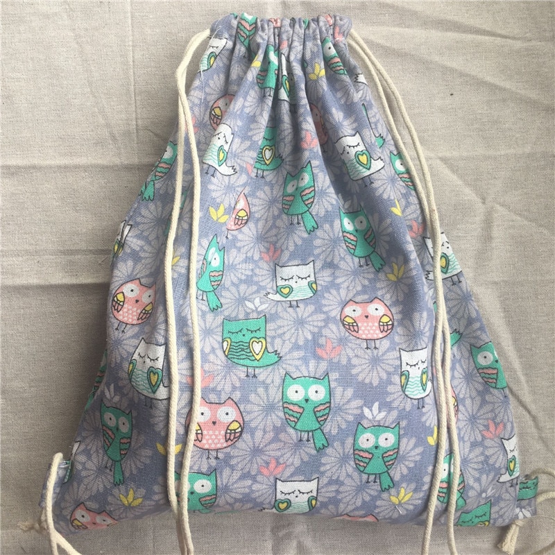 Cotton Linen Drawstring Backpack Student Book Shoes Bag Owls Purple flower Base 2033d