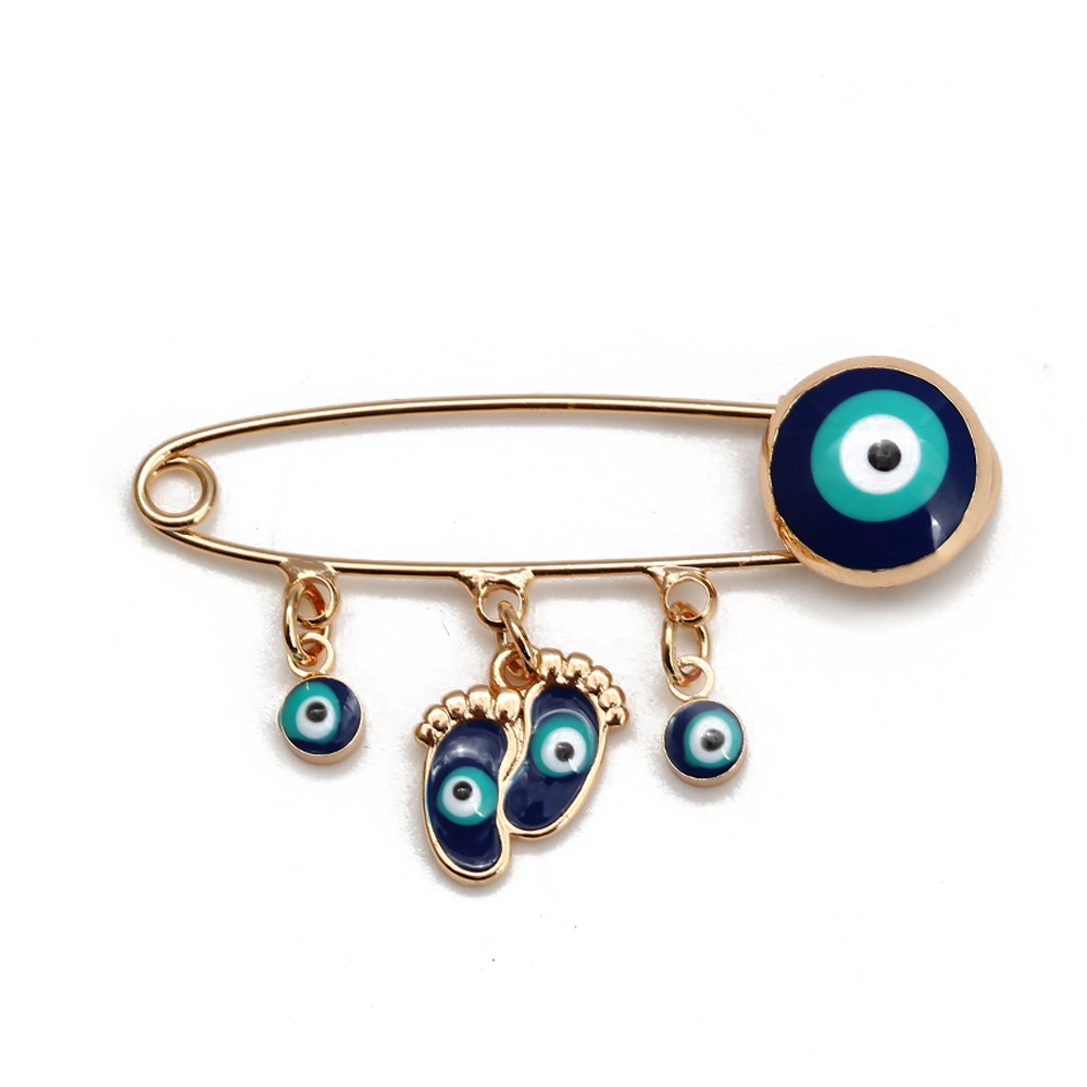 Lucky Eye Oil Blue Turkish Evil Eye Safety Pin Fatima Hamsa Hand Round Charm Brooch Pin for Women Men Jewelry: Gold-color