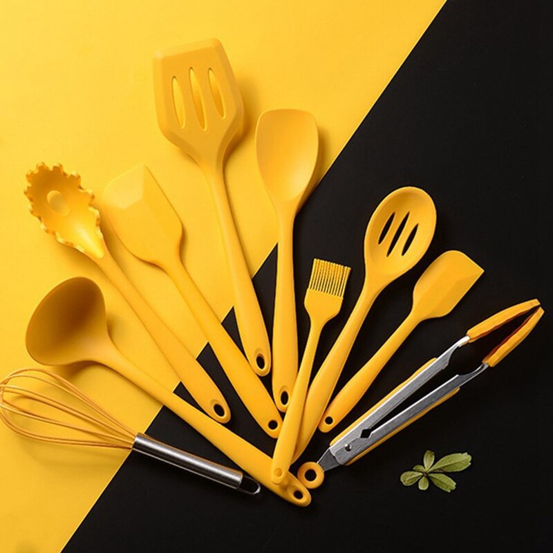 10PC Yellow Silicone Kitchenware Cooking Utensils Set Heat Resistant Kitchen Non-Stick Cooking Utensils With Storage Box