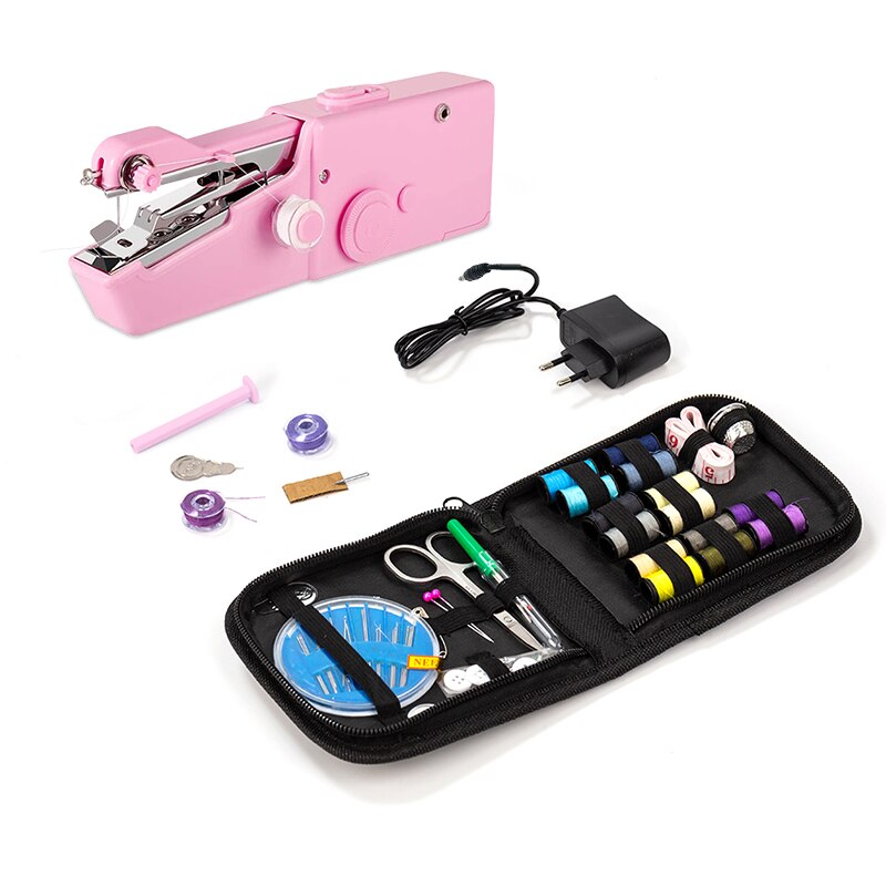 Mini Hand Sewing Machine Sew Needlework Cordless Clothes Fabrics Pink White Portable Mini Sewing Machine With Sewing Kits: Pink A (EU)