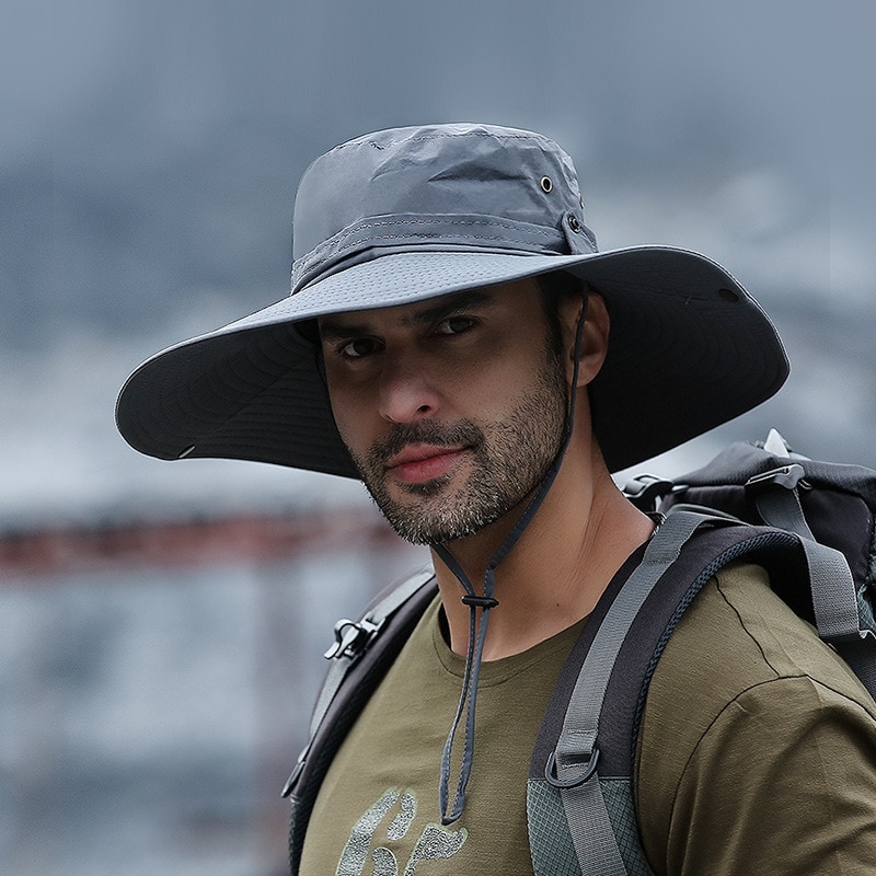 Waterproof Bucket Hat For Male Summer Anti UV Sun Hats Outdoor Men Hiking Fishing Caps Long Wide Brim Panama Beach Hat: Light  Grey