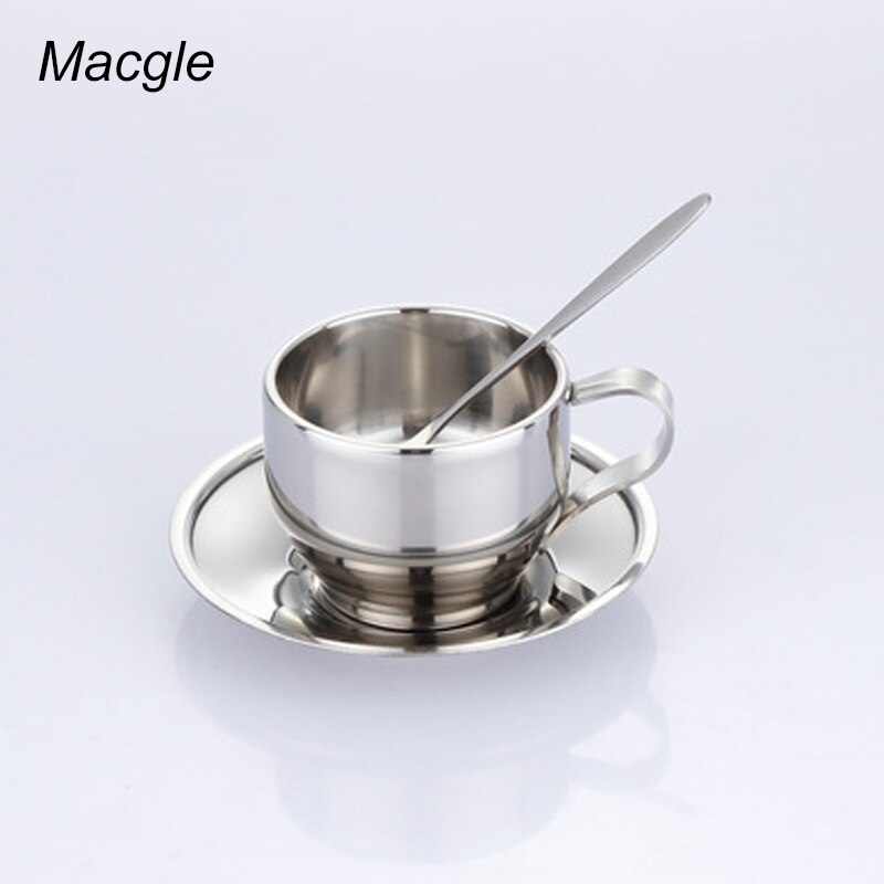 Coffekop Set Rvs Koffiekopje Dubbele Laag Met Schotel Lepel Drie Delige Koffie Shop Gereedschap Europese Koffie Cup