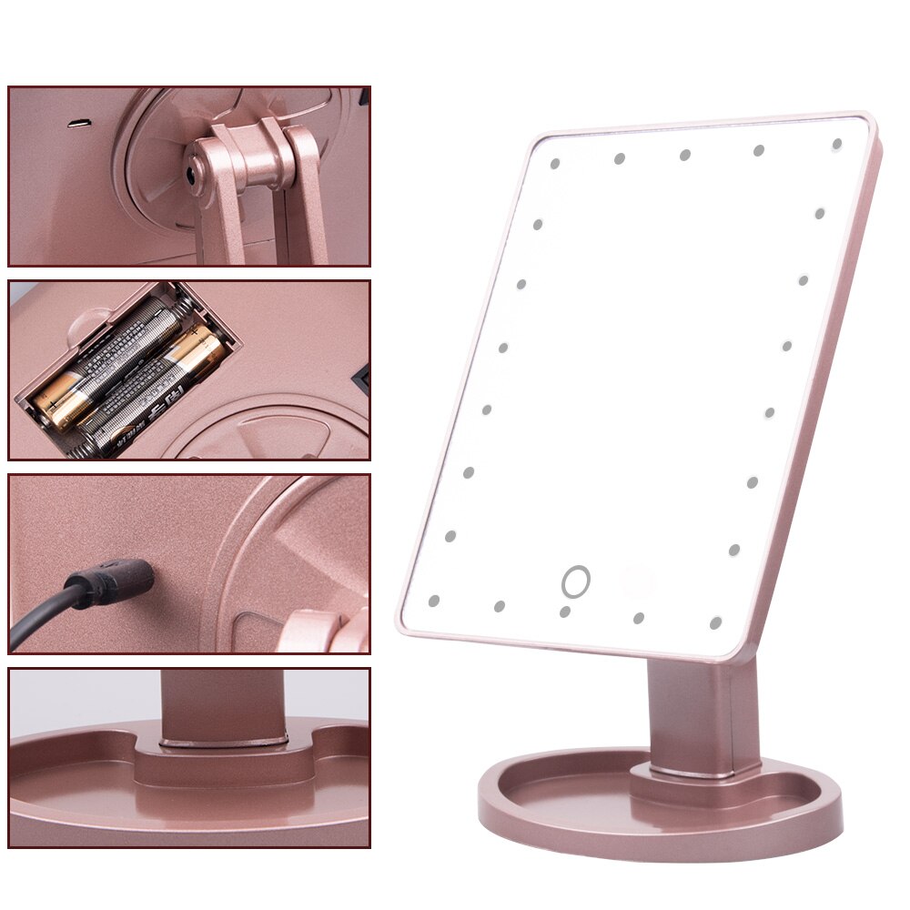 Espejo de maquillaje con 22 luces LED, espejo de aumento de 10X, lámpara de mesa con rotación de 180 grados, brillo iluminado, pantalla táctil, espejo de tocador
