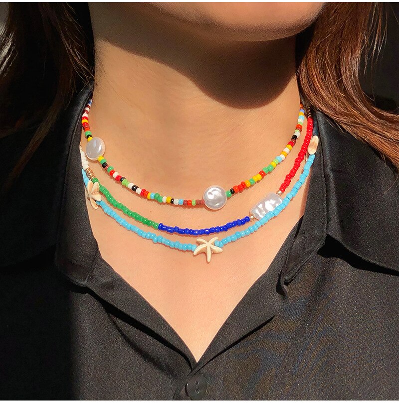 Difone colar feminino 4mm, colar com pingente de miçangas de semente estrelado, verão 2020