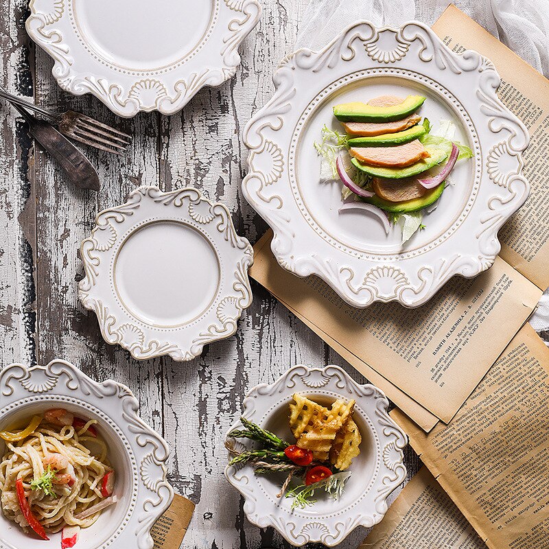 Kreative Barock Keramik Geschirr Gericht Westlichen Lebensmittel Erzähler Salat Schüssel Suppe Schüssel Weiß Glasur Geprägt Juni Teng Serie