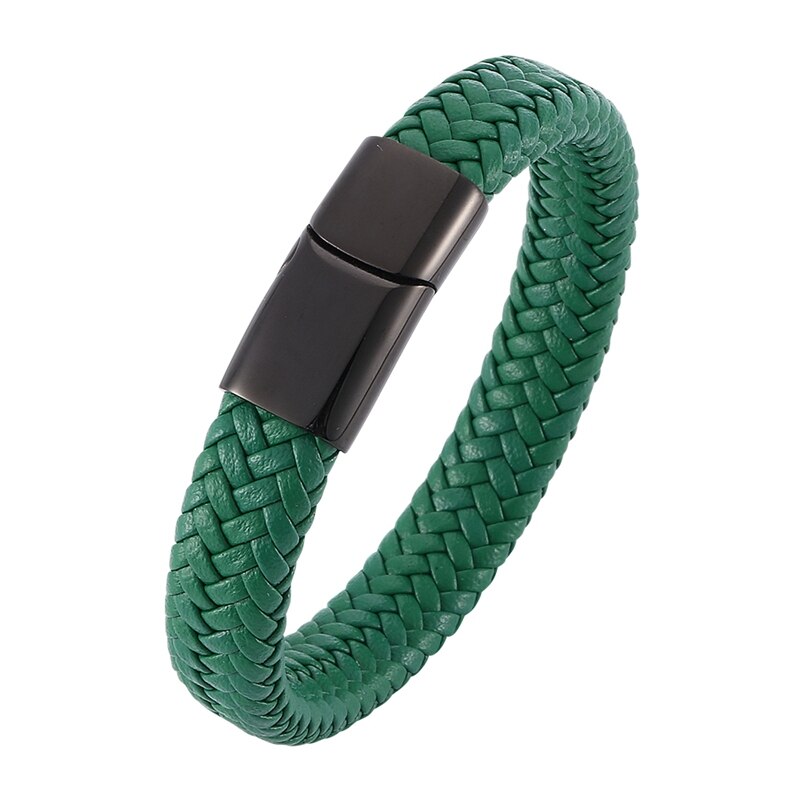 Pulsera de cuero trenzado verde para hombre, joyería masculina de acero inoxidable, Cierre magnético, Pulseras de , accesorios SP0016: Black color buckle / Inner Perimeter195mm