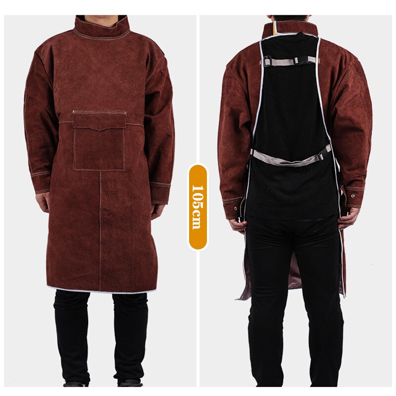 Cowhide Work Clothes Apron Welding Protective Clothing Heat and Fire Resistant Welders Safety Clothing Welding Apron: Long collar / brown 105cm
