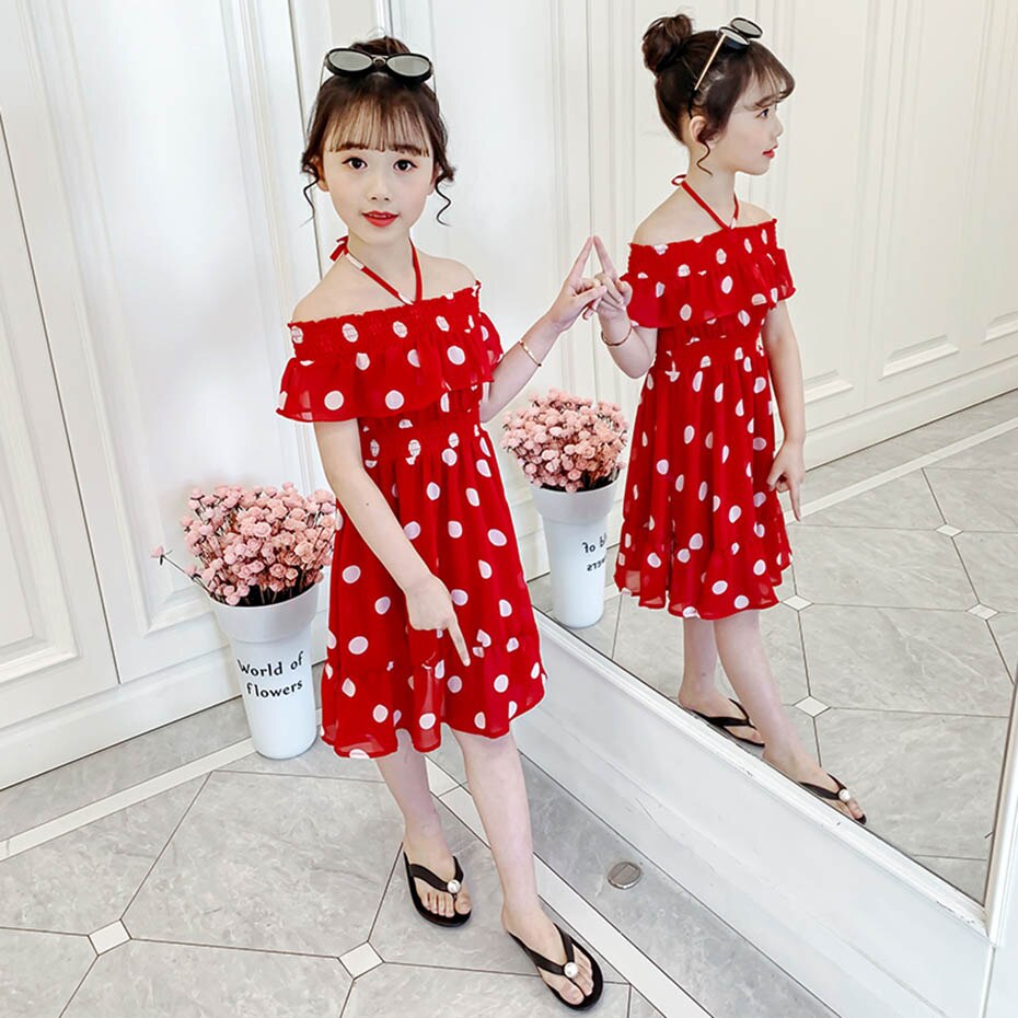 Vestito Da estate Della Ragazza Grande Dot Dress Per La Ragazza Shoulderless Vestito Da Partito Del Bambino Coulisse Abbigliamento Per Bambini 6 8 10 12 14