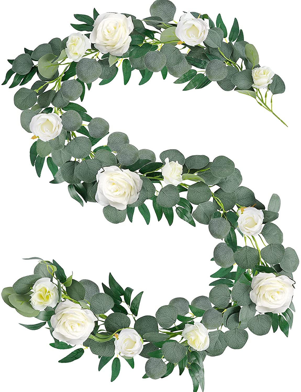 1pcs Artificial Eucalyptus Garland with Flowers, Greenery Garland White Rose Garland Eucalyptus Vines,White Flower Garland